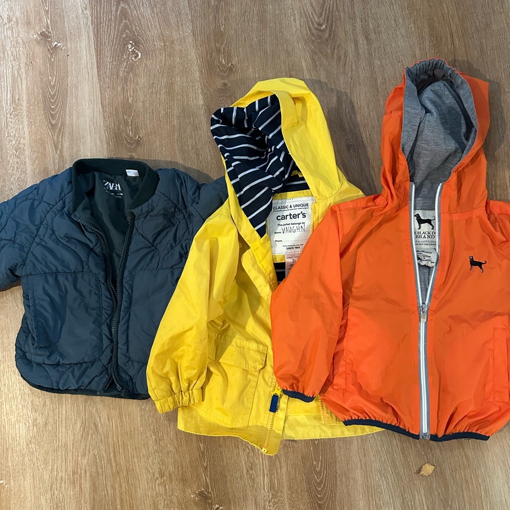 2T jacket bundle - Zara puffer, Carter’s rain coat, Black Dog brand wind breaker